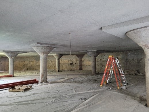 Inside of the renovated digester with upper roof supports